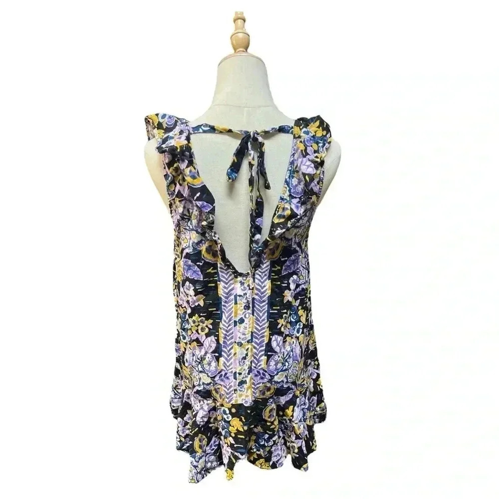Free People Tunic Size Small Purple and Blue Print LINEN BLEND Relaxed Fit M - Picture 3 of 7